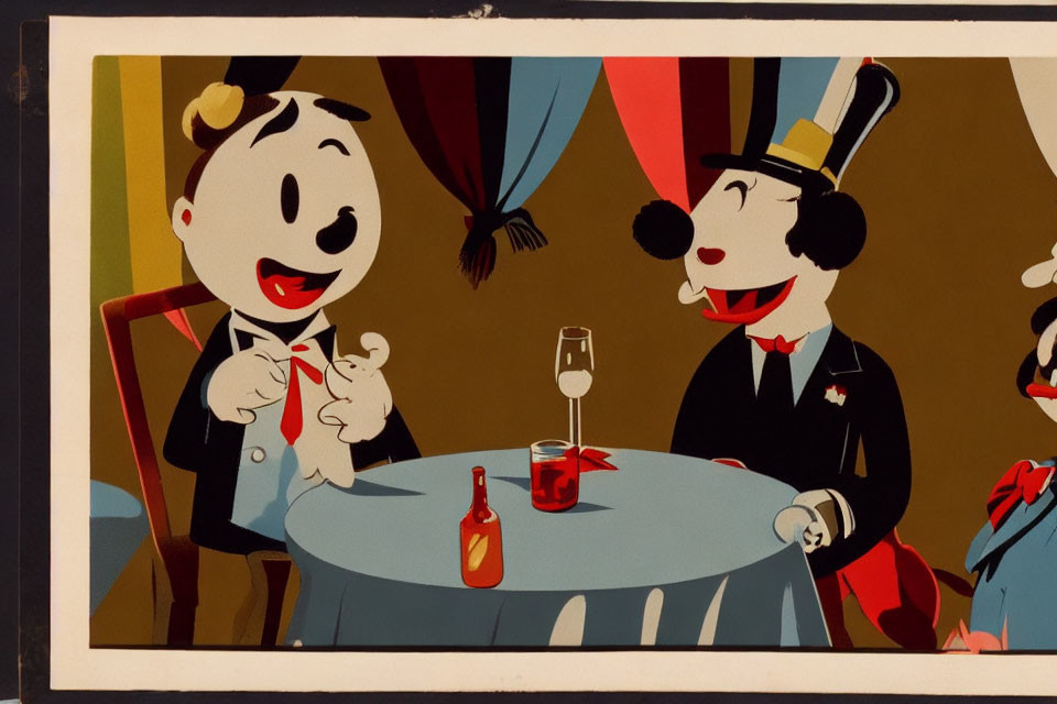 Vintage-style cartoon of two dogs in formal attire with magic wand at table.