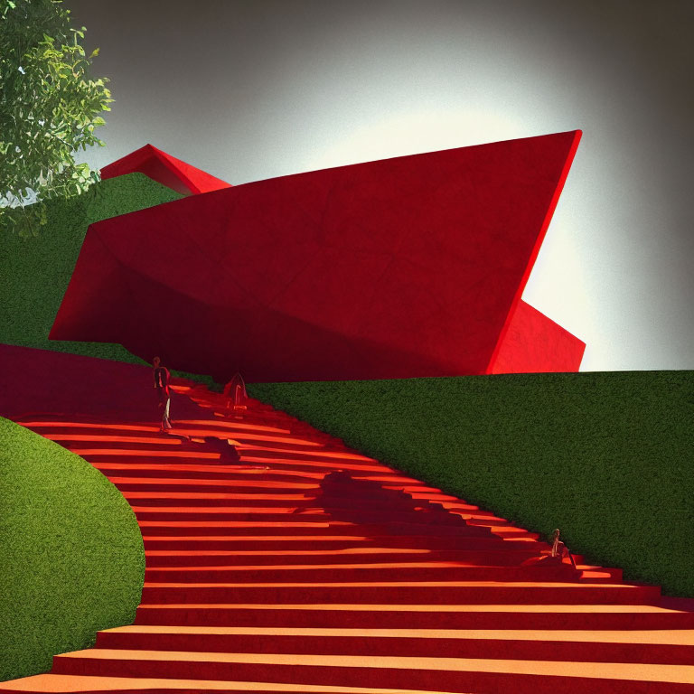 Red geometric building against green hedges with people on staircase in warm light