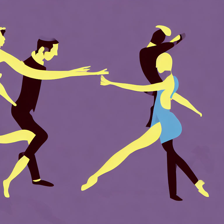 Stylized dance figures in motion against purple backdrop