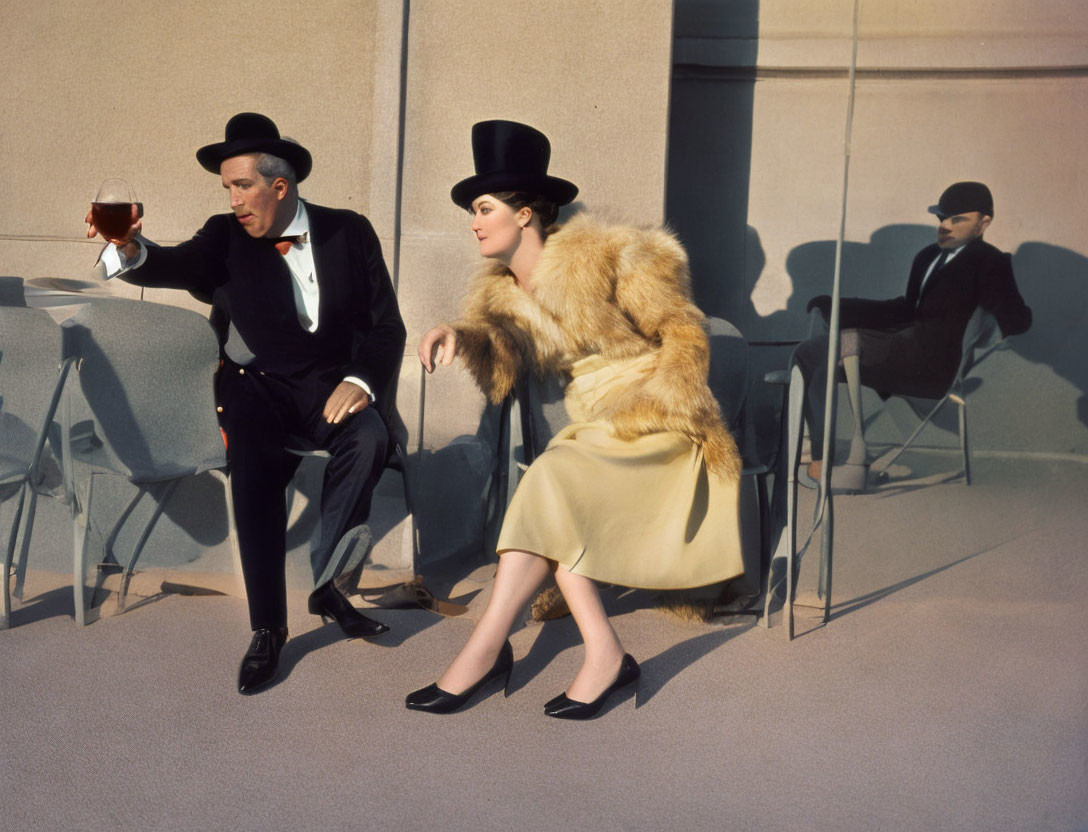 Man in tuxedo and top hat with woman in fur coat near reflective surface