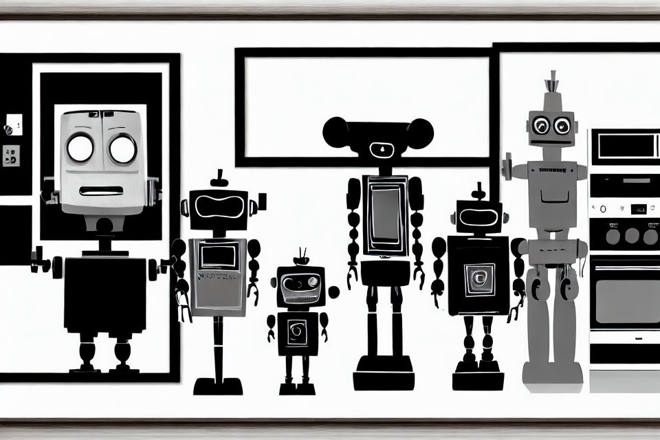 Monochrome robot sculptures in various sizes and shapes