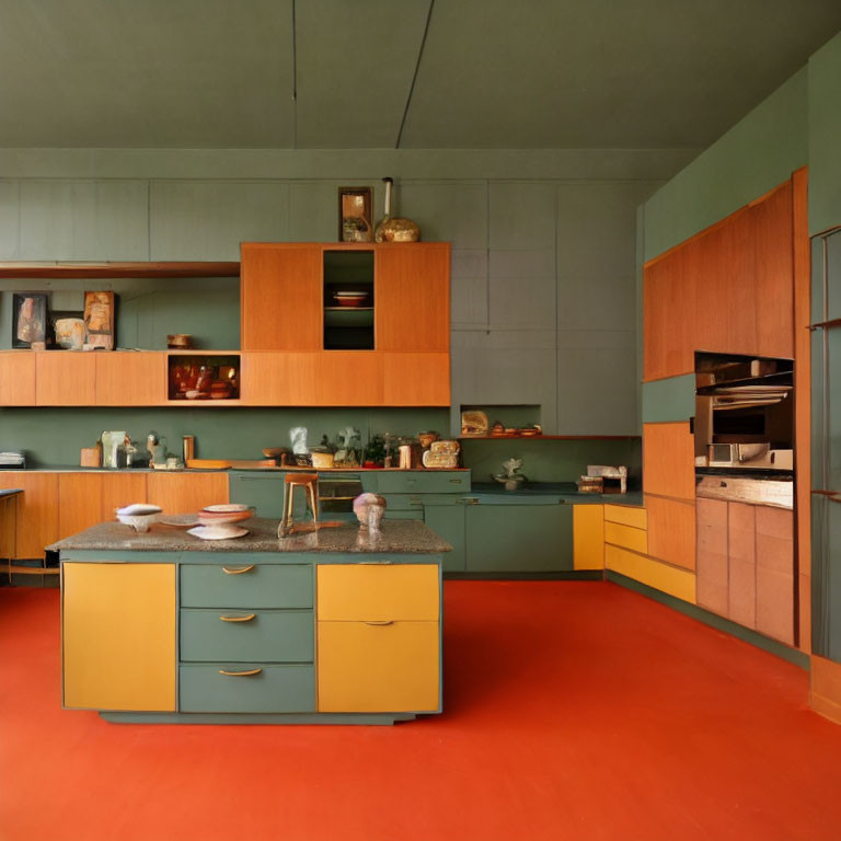 Modern Kitchen with Green Walls, Teal Cabinets, Yellow Island, Granite Countertop, and Orange