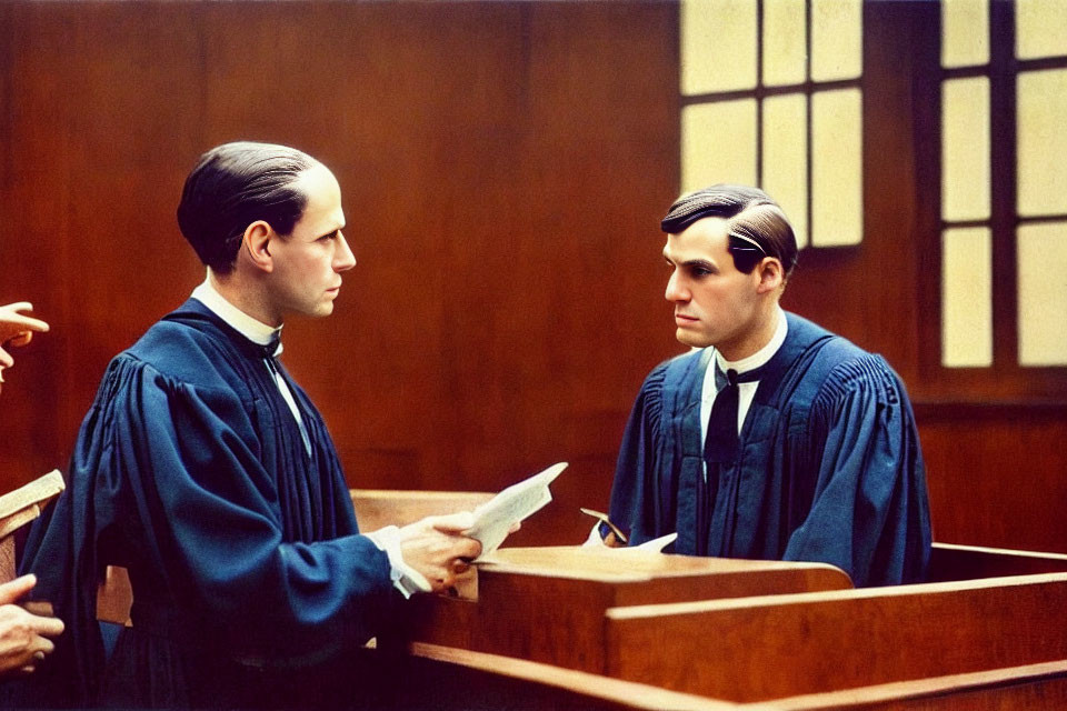 Judicial robes men discussing in courtroom with paper, onlookers seated.