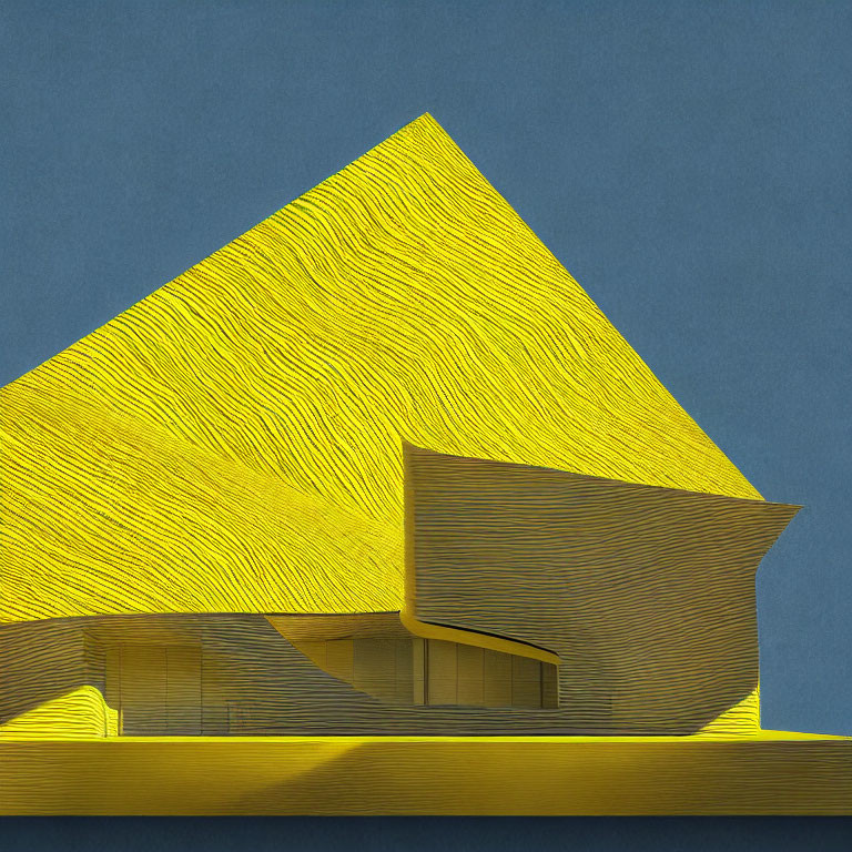 Modernist architectural structure with pyramid shape in yellow lines on blue background