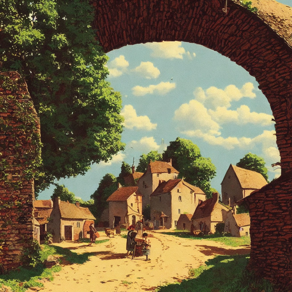 Sunlit village scene with archway, villagers, and horse-drawn cart.