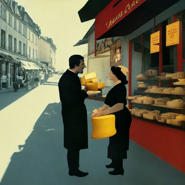 Vintage-style Illustration: Man and Woman Conversing Outside Cheese Shop