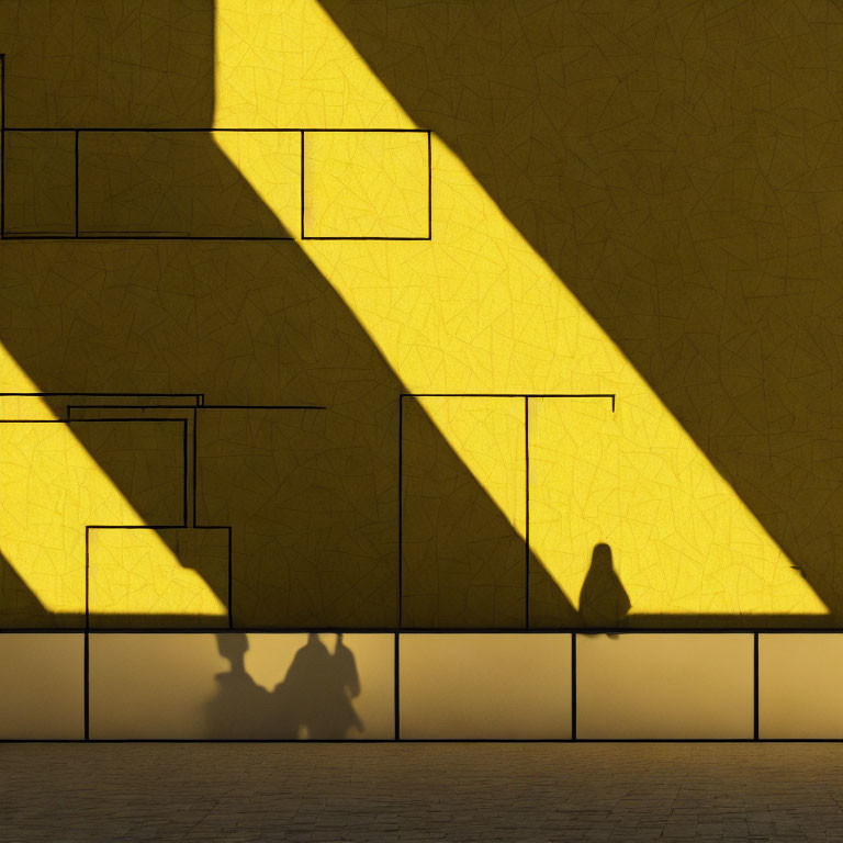 Abstract shadow pattern on textured yellow wall with geometric shapes.