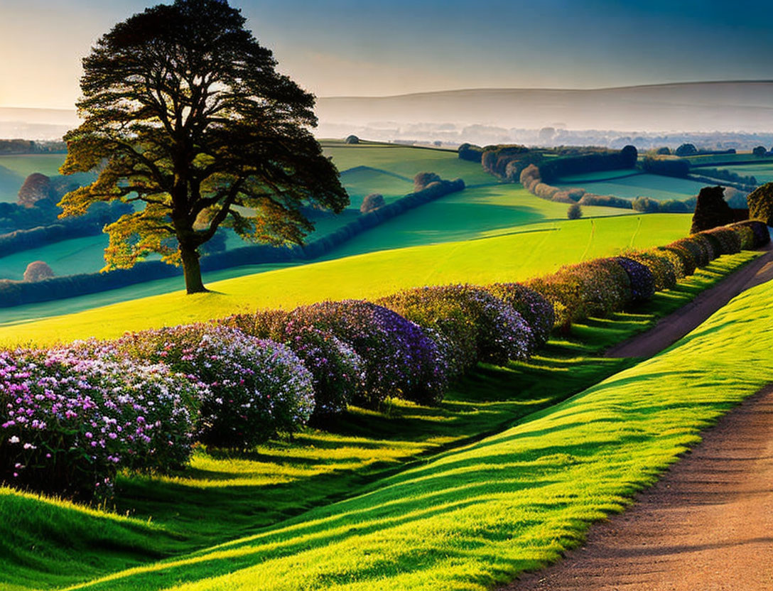 Tranquil countryside road with blooming shrubs and lone tree