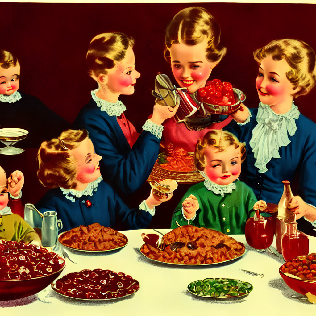 Vintage Family Meal Gathering with Smiling Children and Colorful Dishes