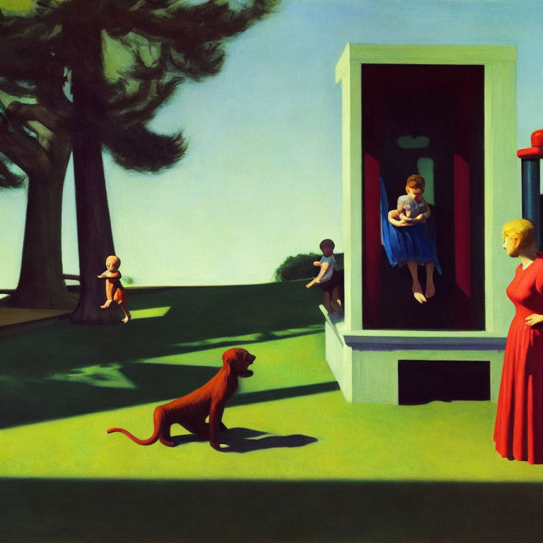 Surreal painting of woman, boy, girl, doll, and dog near open door structure under