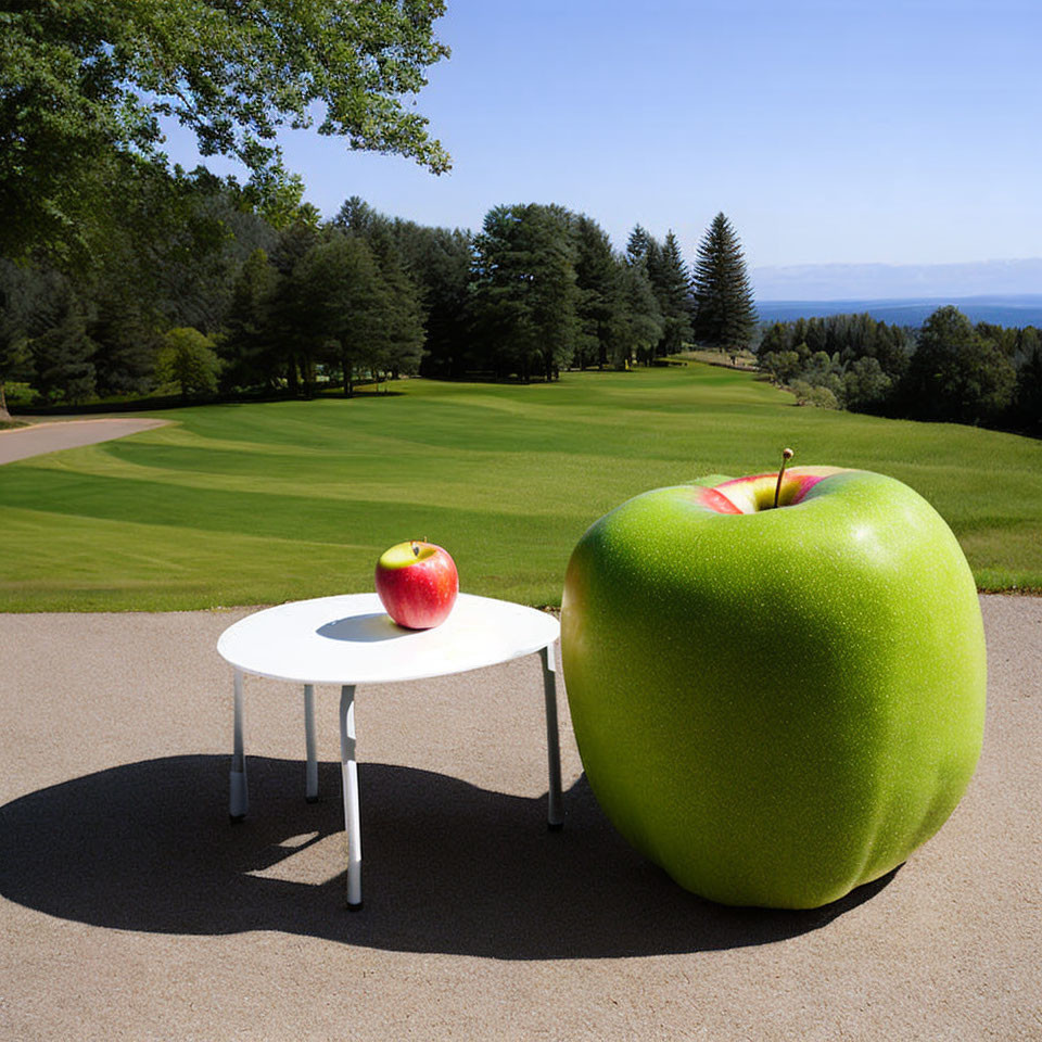 Surreal image: Giant green apple chair, small table with red apple, scenic golf course.