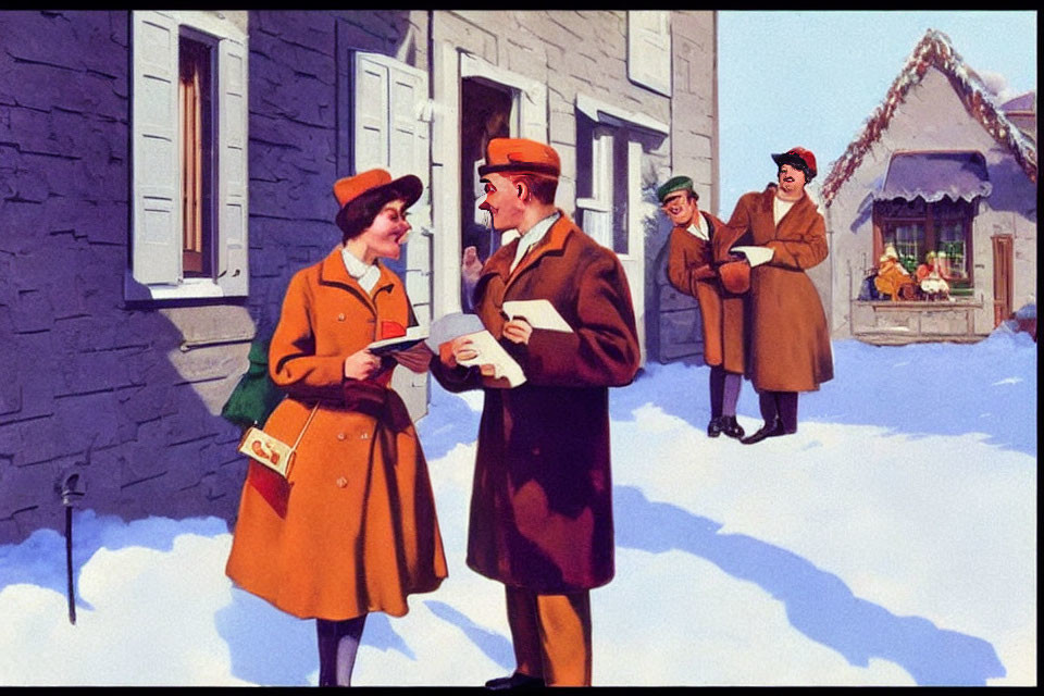 Postal workers in orange and brown uniforms chatting outside a house in winter.