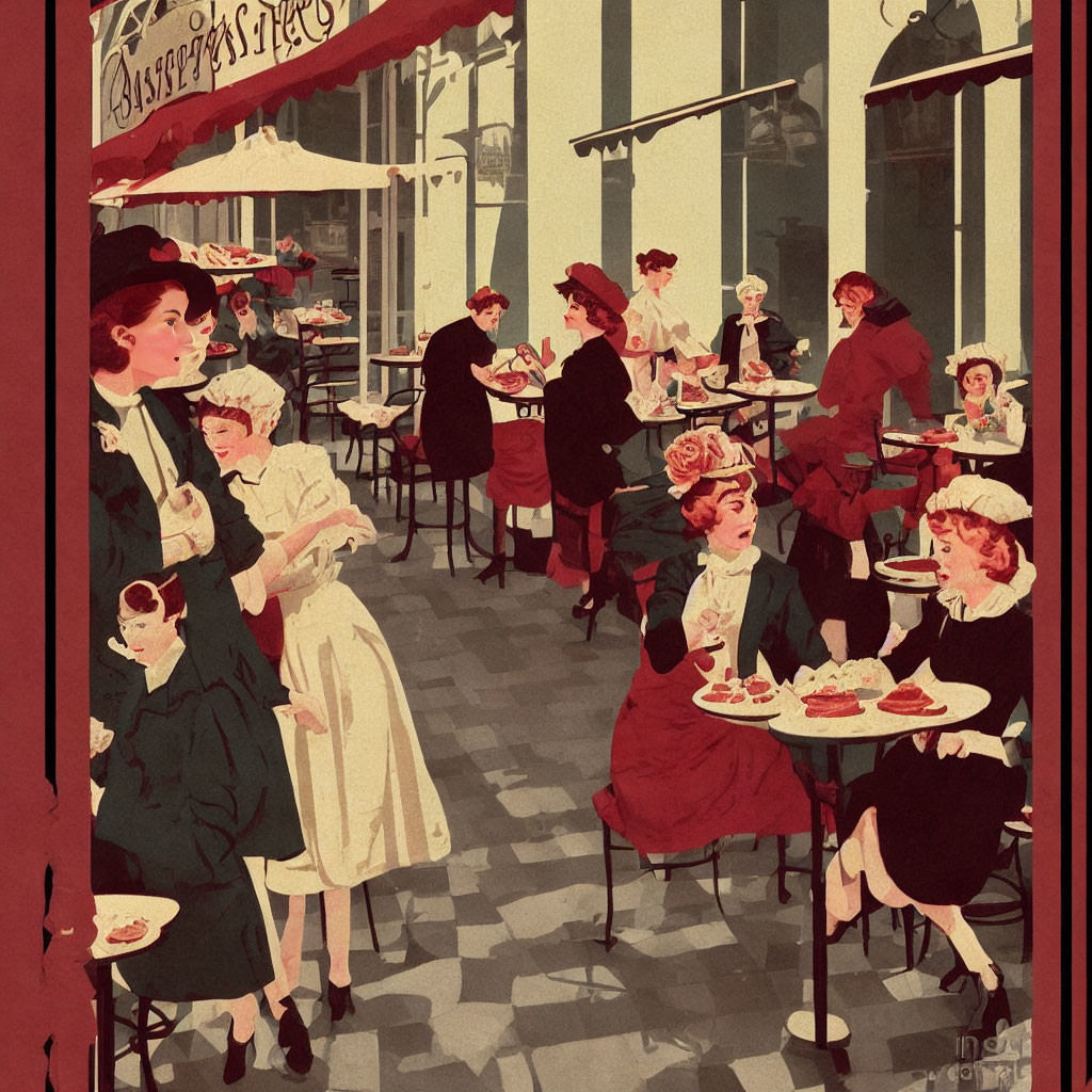 Illustration of Elegant Early 20th-Century Street Cafe