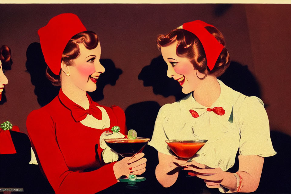 Two women in vintage attire with red hats and bows, smiling and holding martini glasses