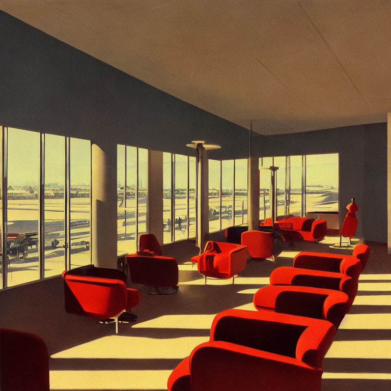 Vintage Airport Lounge with Red Chairs and Tarmac View