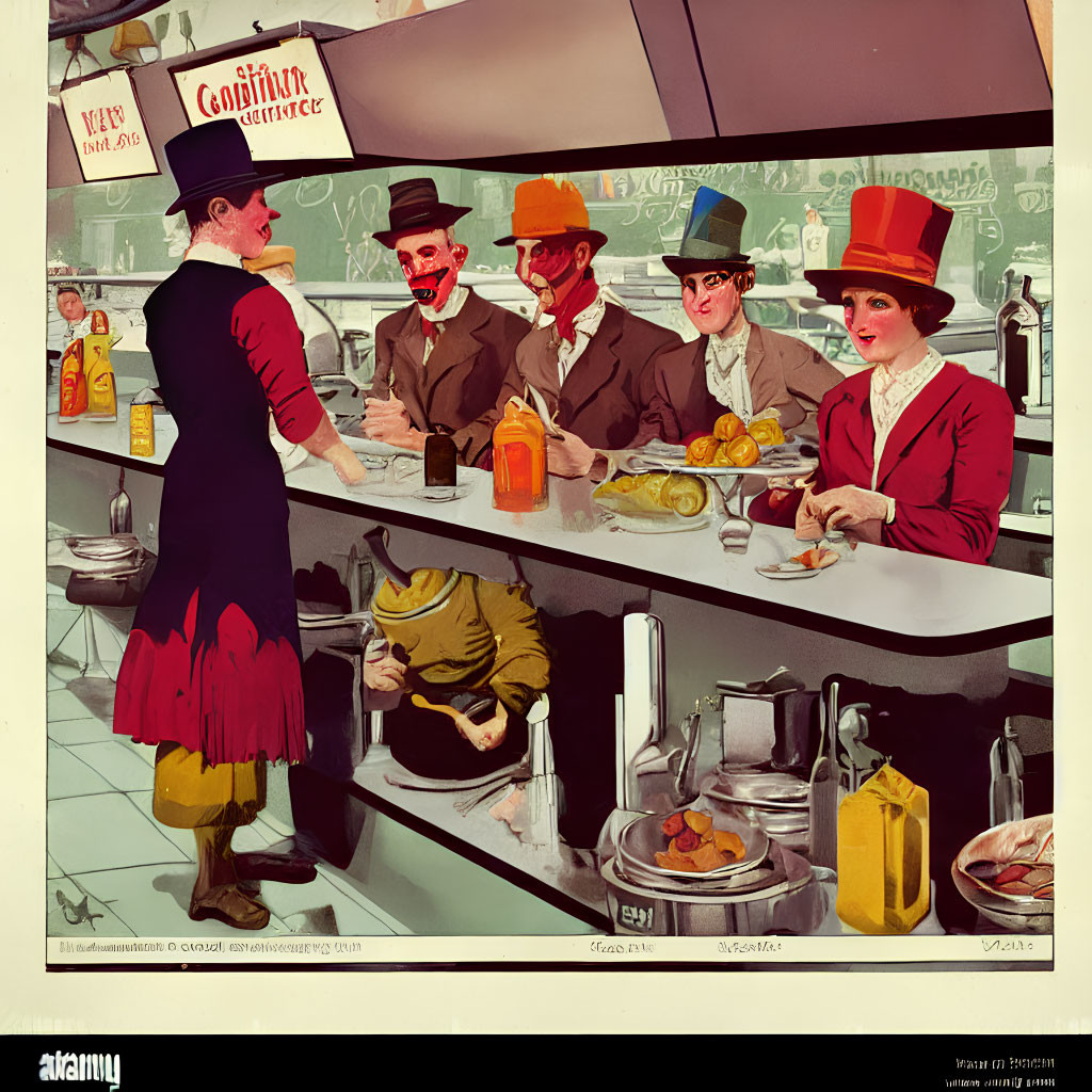 Vintage Illustration of Five People at Bar with Bartender and Food