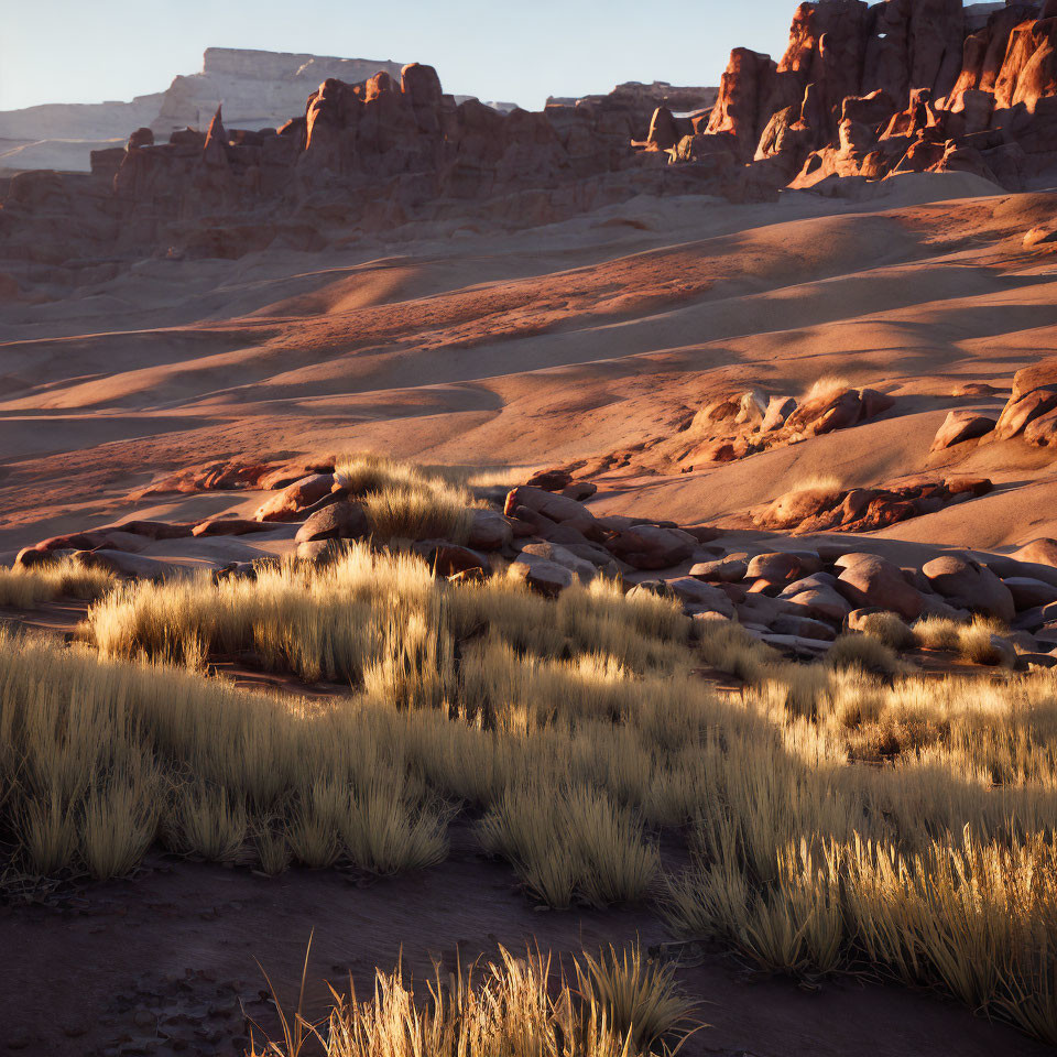 Tranquil desert scene with golden sunlight on sand dunes