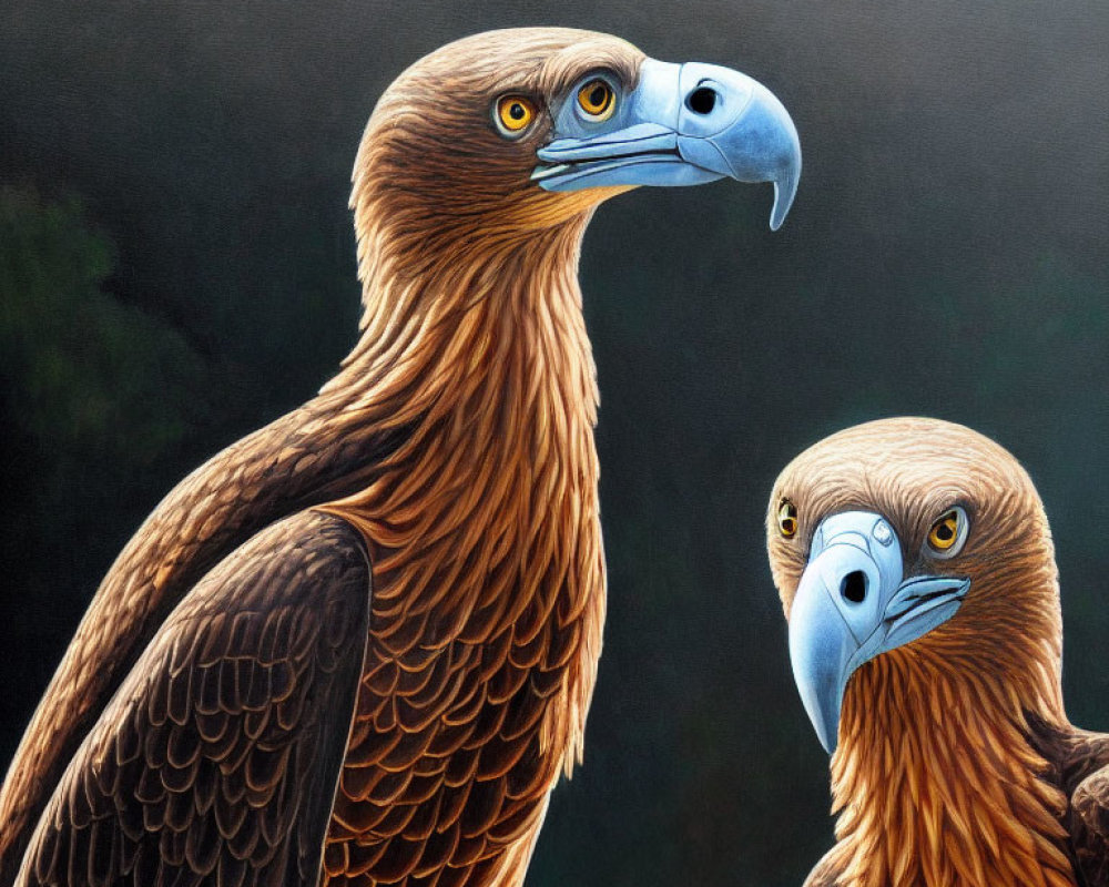 Detailed plumage and piercing gazes of two golden eagles on dark background