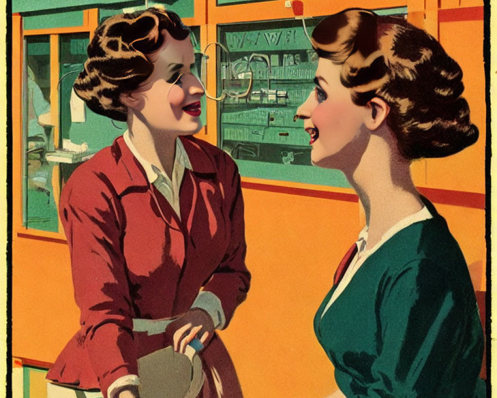 Vintage-attired women chatting near a colorful storefront