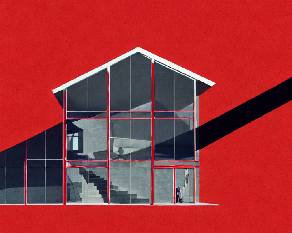 Minimalist Graphic of Transparent House with Black Staircase on Red Background