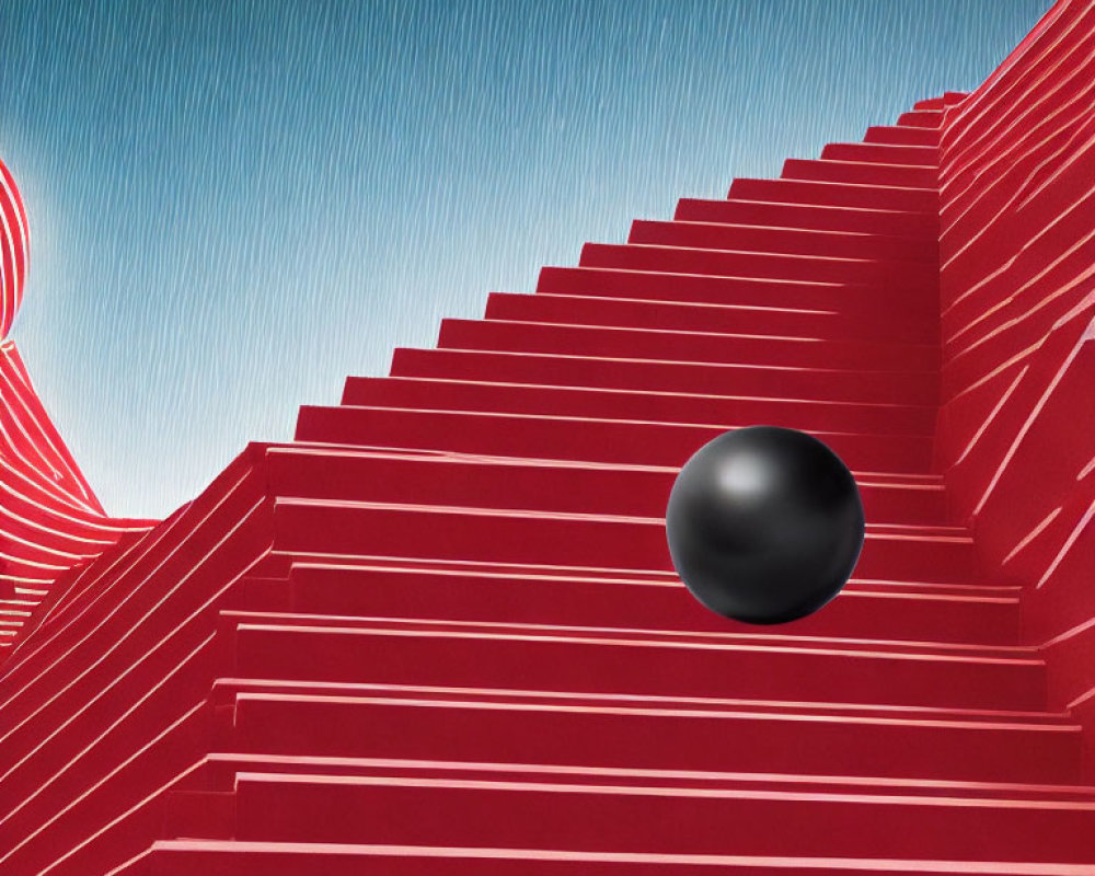 Black Sphere on Red Stairs with White Edges in Surreal Abstract Scene