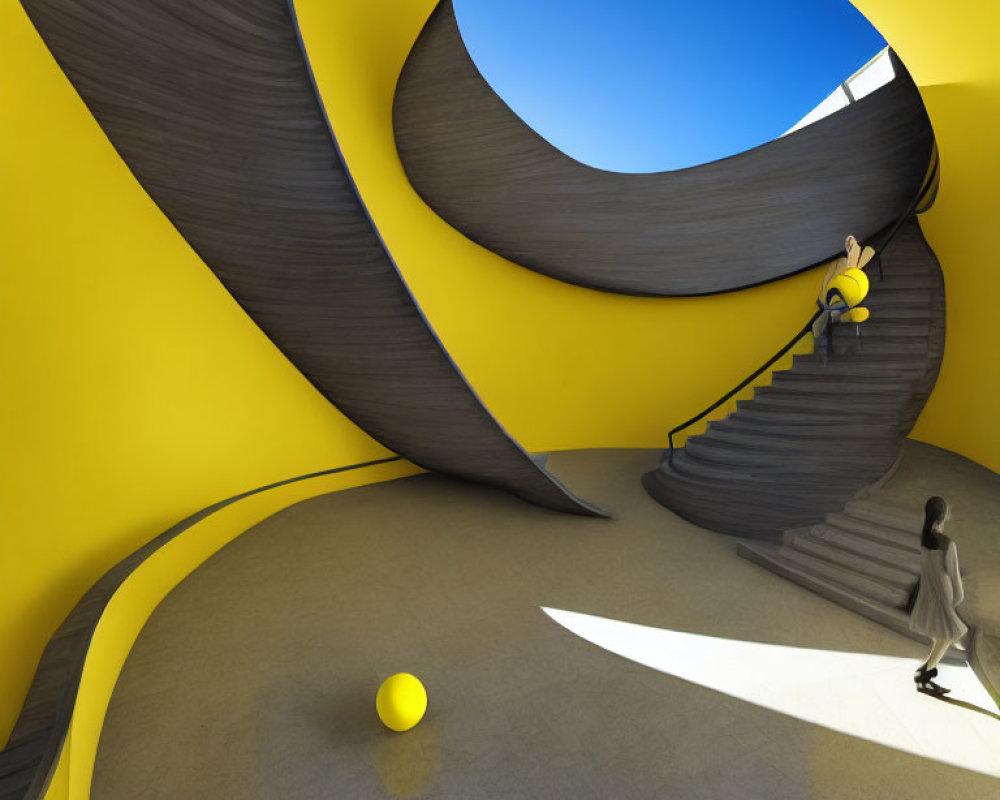 Modern interior with yellow walls, black staircase, two people, and yellow sphere.