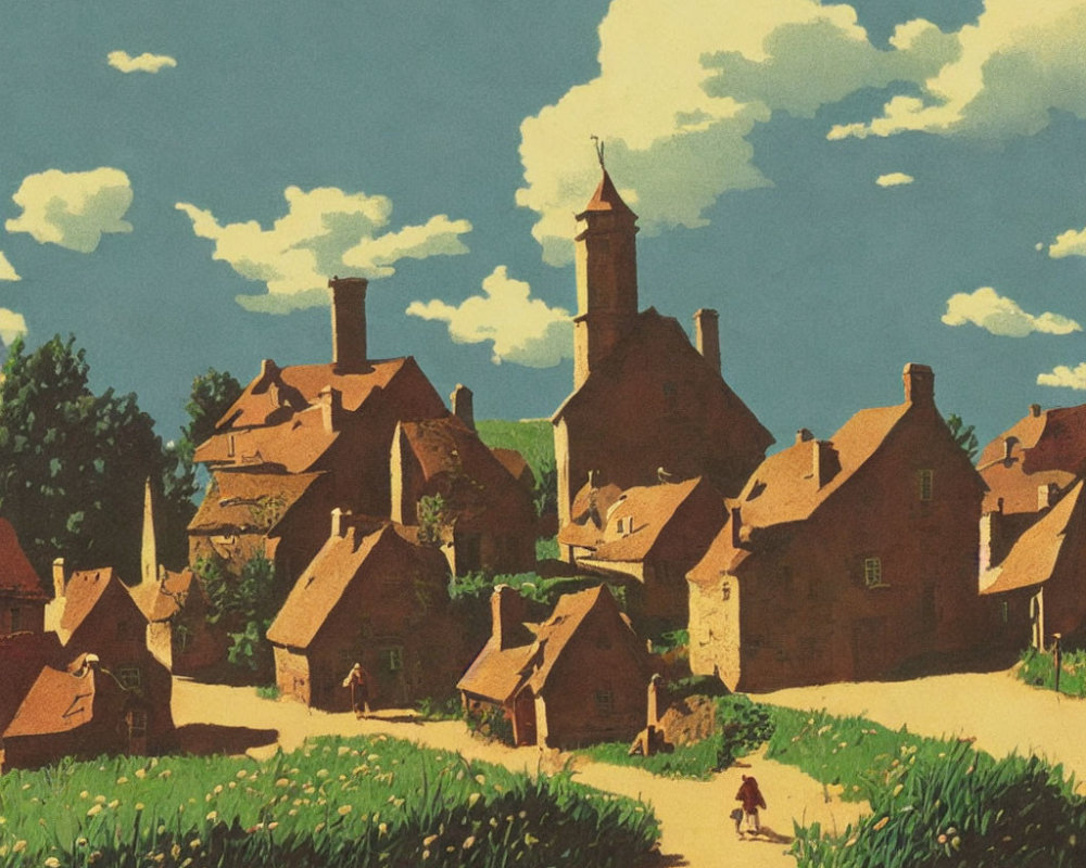 Rustic village illustration with quaint houses and lone figure