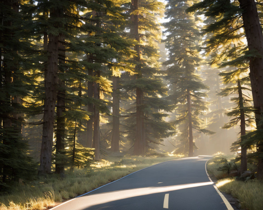 Sunlit Forest Road with Towering Trees and Warm Atmosphere