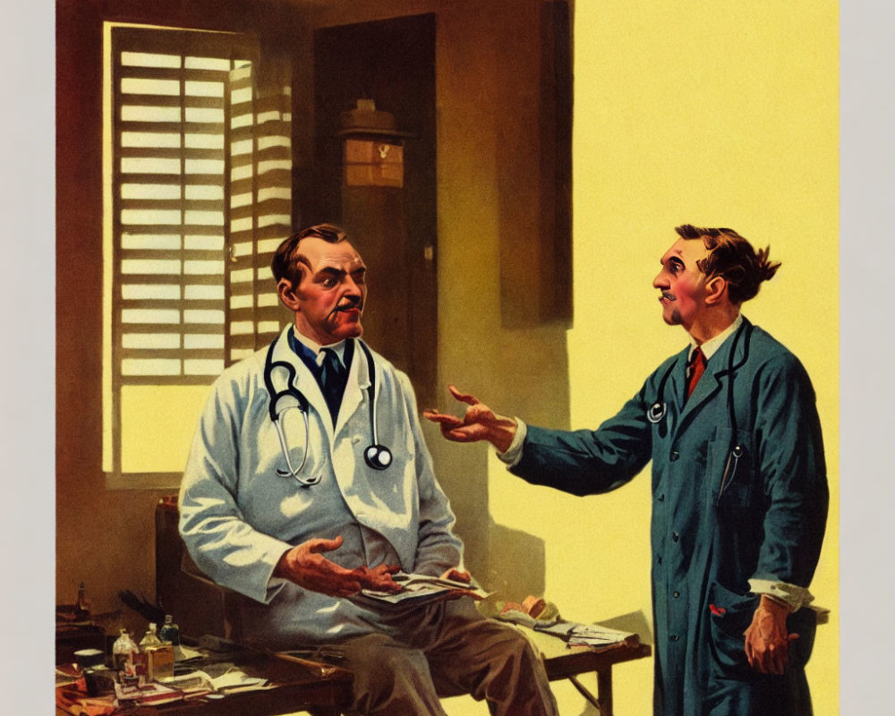 Vintage-Style Illustrated Men in Medical Attire Conversing in Office Setting