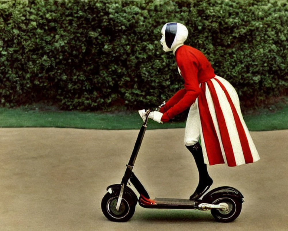 Person in Red and White Motorcycle Helmet Riding Electric Scooter on Hedge-Lined Path