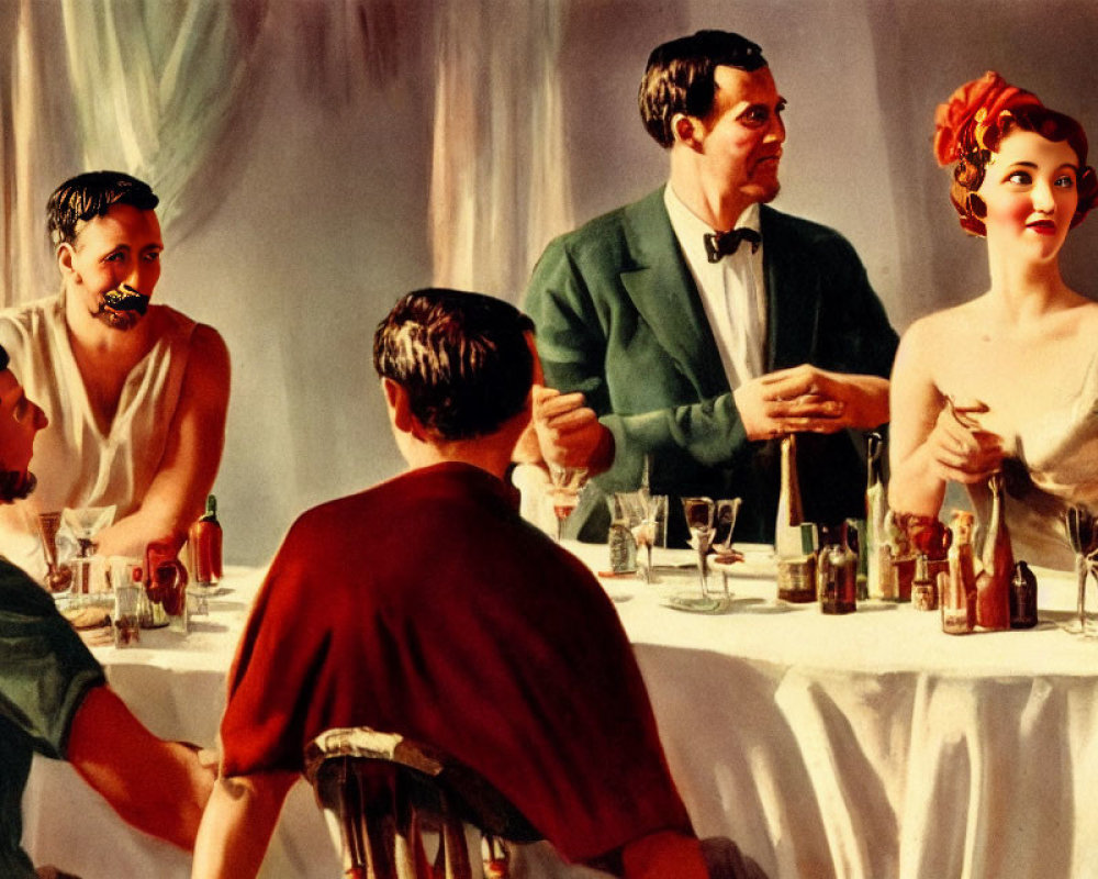 Vintage-style image: Six people at dining table with drinks, four men and two women chatting.