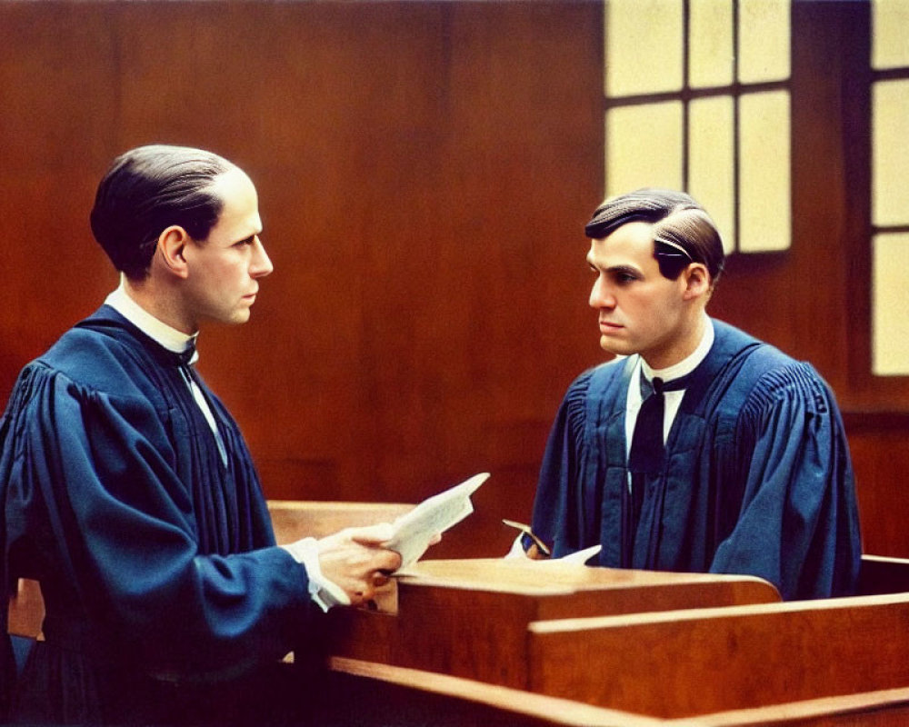 Judicial robes men discussing in courtroom with paper, onlookers seated.