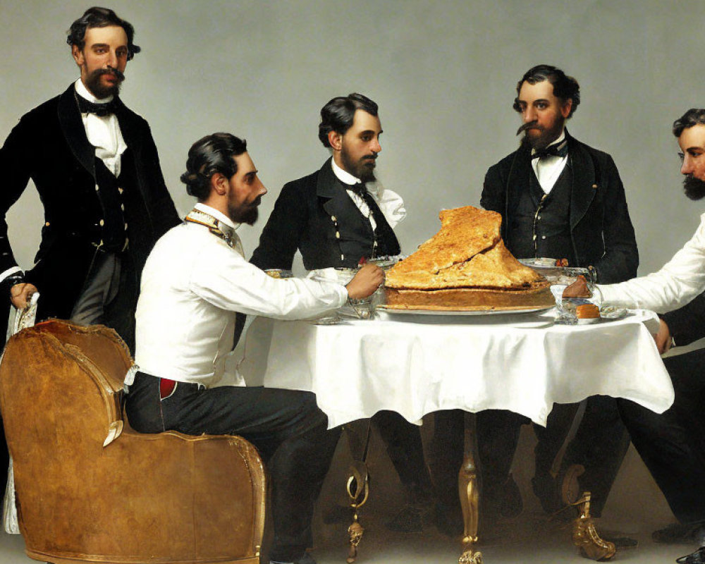 Vintage Attired Men Gathered Around Large Pie