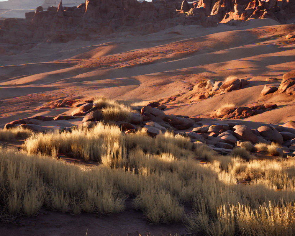 Tranquil desert scene with golden sunlight on sand dunes