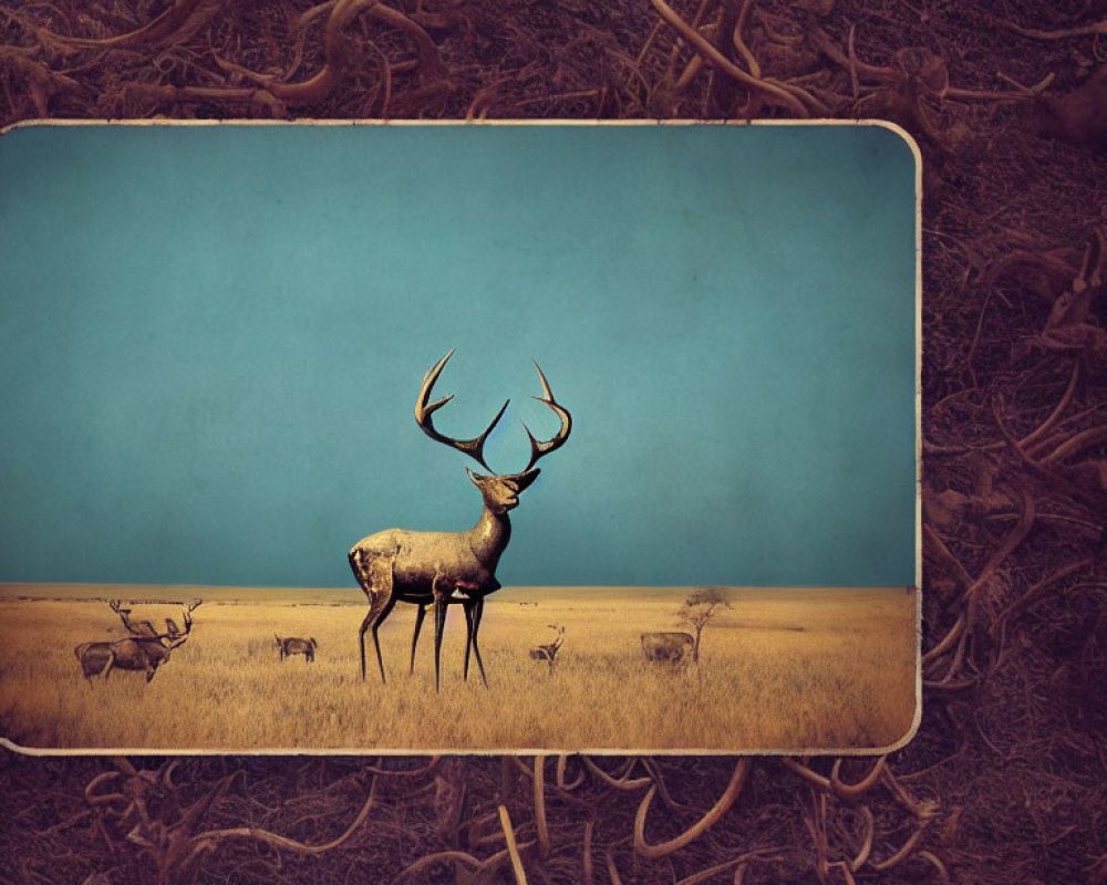 Stag in grassy field under blue sky with intricate tree branches on dark background