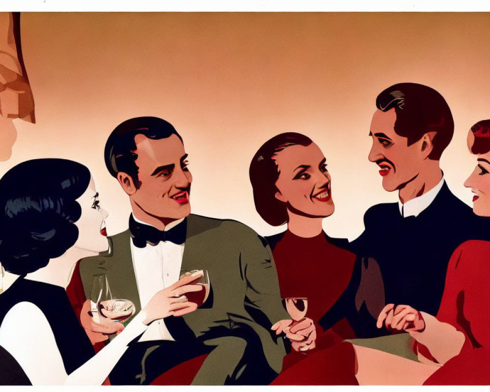 Vintage Illustration of Smiling Couples with Cocktail Glasses