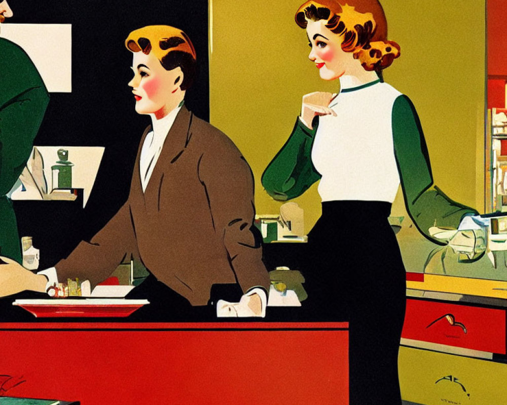 Illustration of two women at retro diner: one seated, one standing.