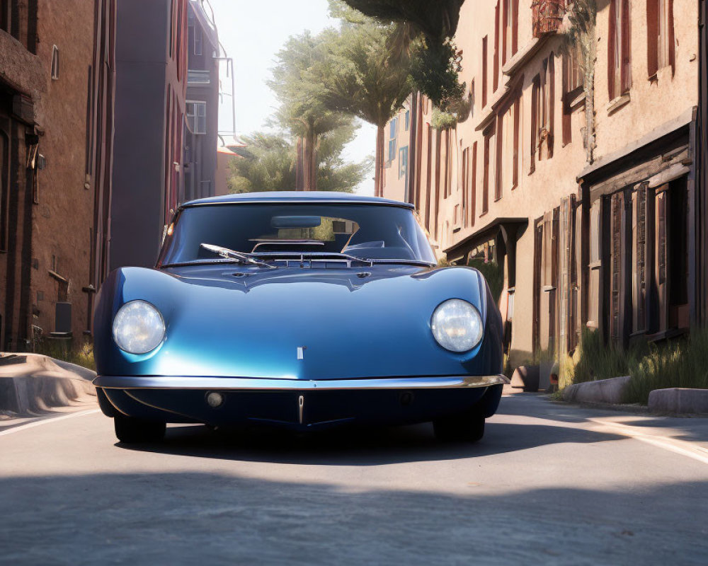 Classic Blue Sports Car Parked on Sunlit Cobblestone Street