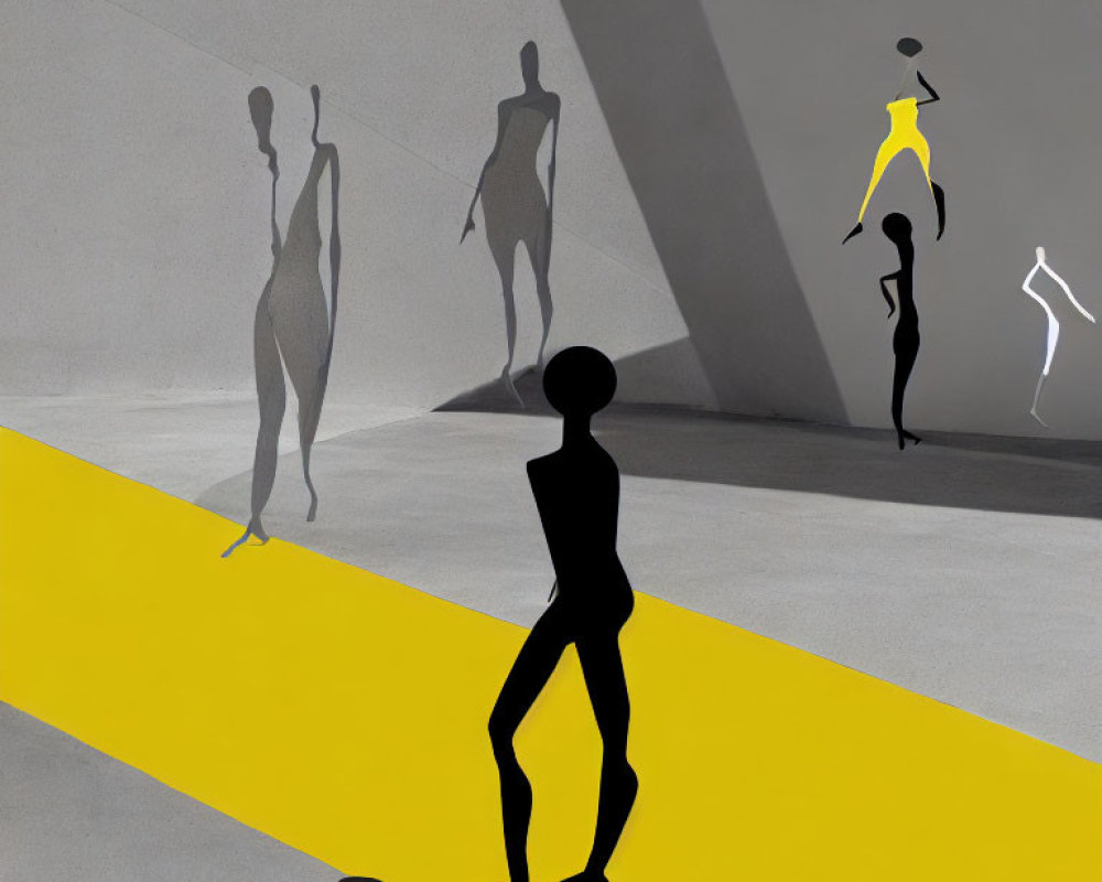 Silhouetted figures with exaggerated proportions and yellow highlights on a wall.