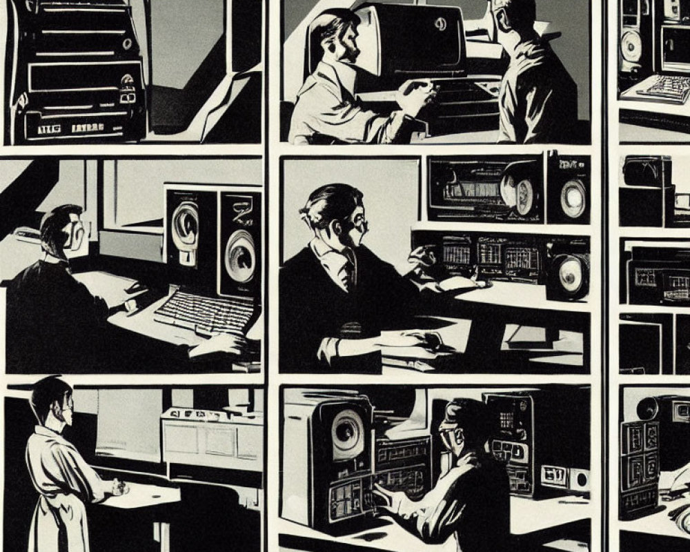 Stylized black and white illustration of vintage electronic equipment and people interacting in nine panels