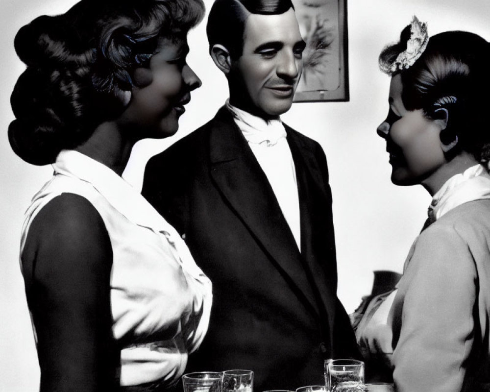 Monochrome photo of man in suit smiling at two women