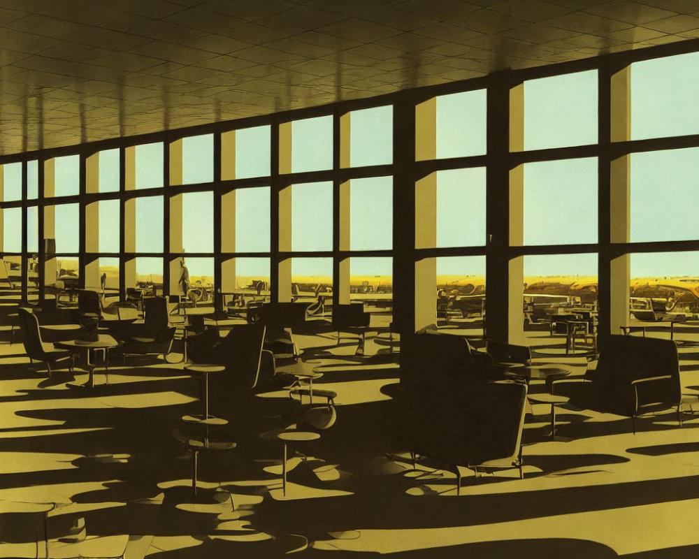 Airport lounge interior with large windows, warm tones, and contrasting shadows