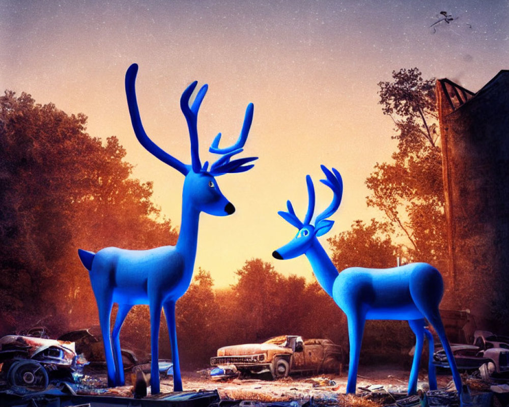 Glowing blue deer in junkyard with abandoned cars and helicopter at dusk