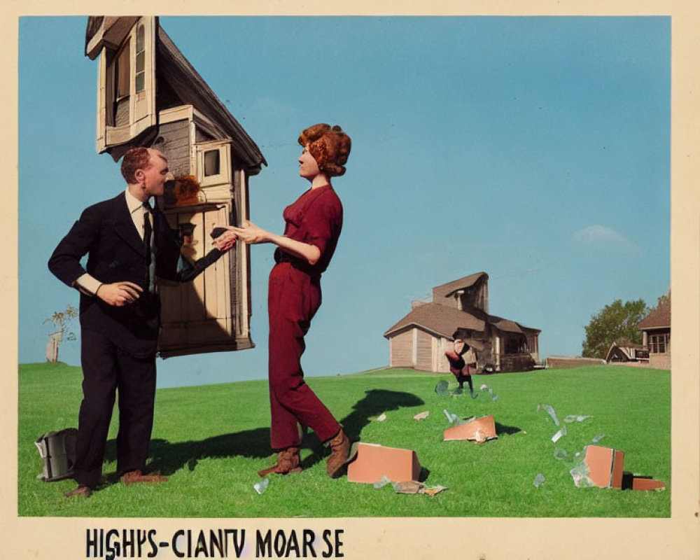 Vintage-style photo of man and woman with distorted house and gravity-defying elements.