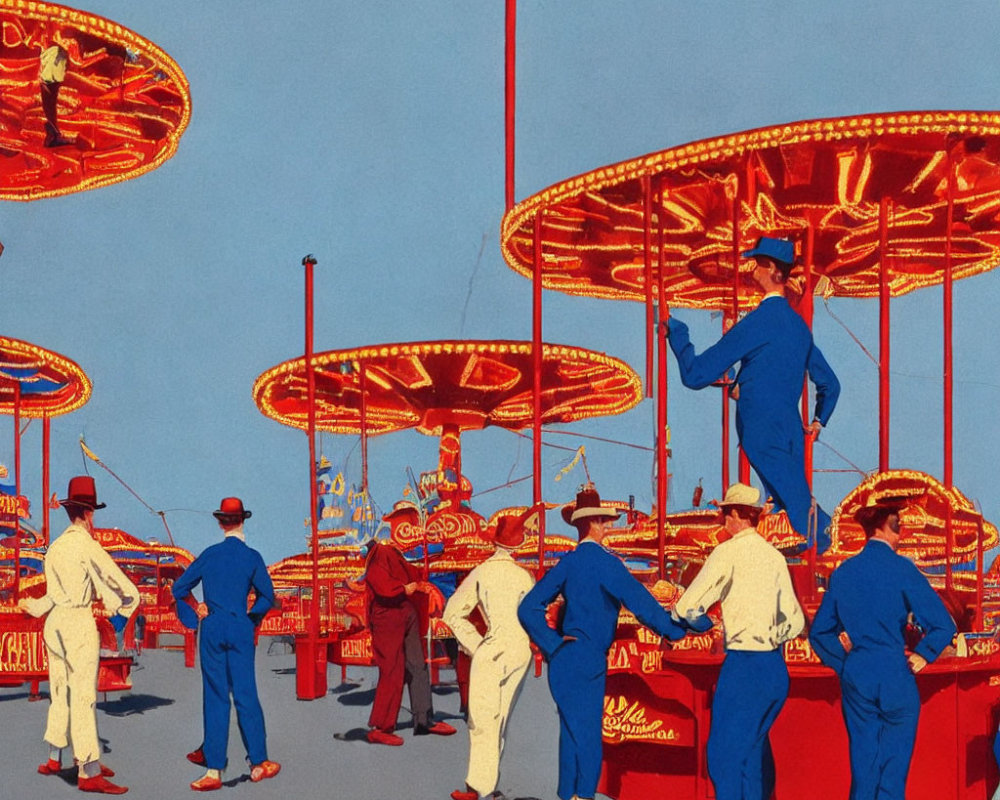 Vintage fairground workers in blue uniforms operating rides under bright lights against blue sky