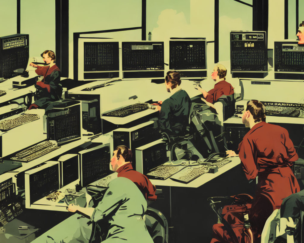 Vintage-style illustration of people in red uniforms operating old computer consoles