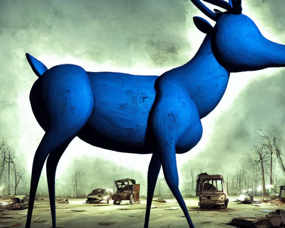 Stylized blue deer in desolate landscape with leafless trees and abandoned cars