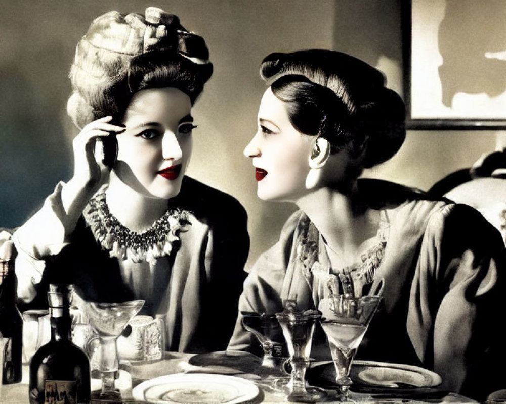 Vintage-style women chatting at table with colored lips and cheeks