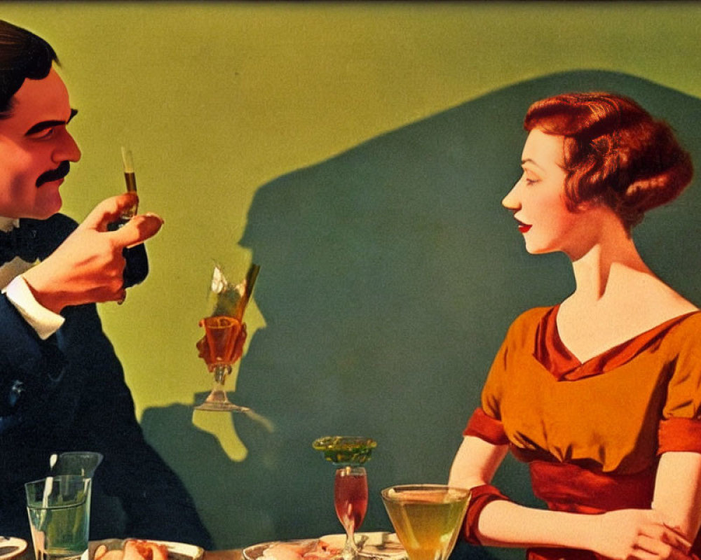 Vintage-style Illustration: Man and Woman Toasting in Formal Attire