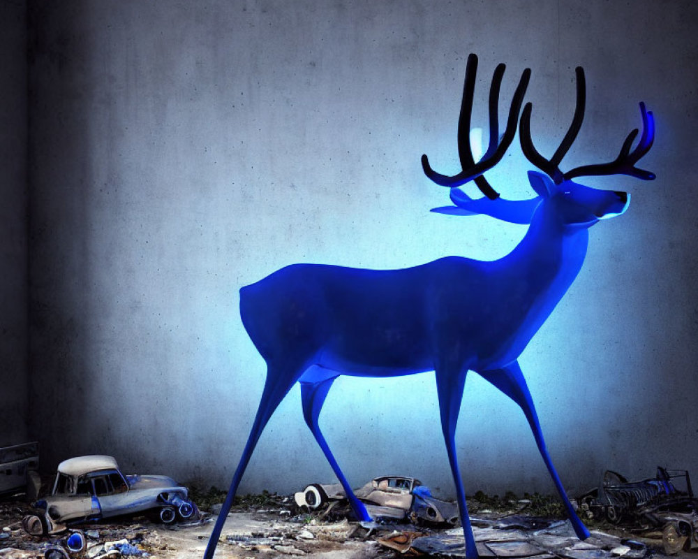 Vibrant blue stag with glowing antlers in decayed toy car scene